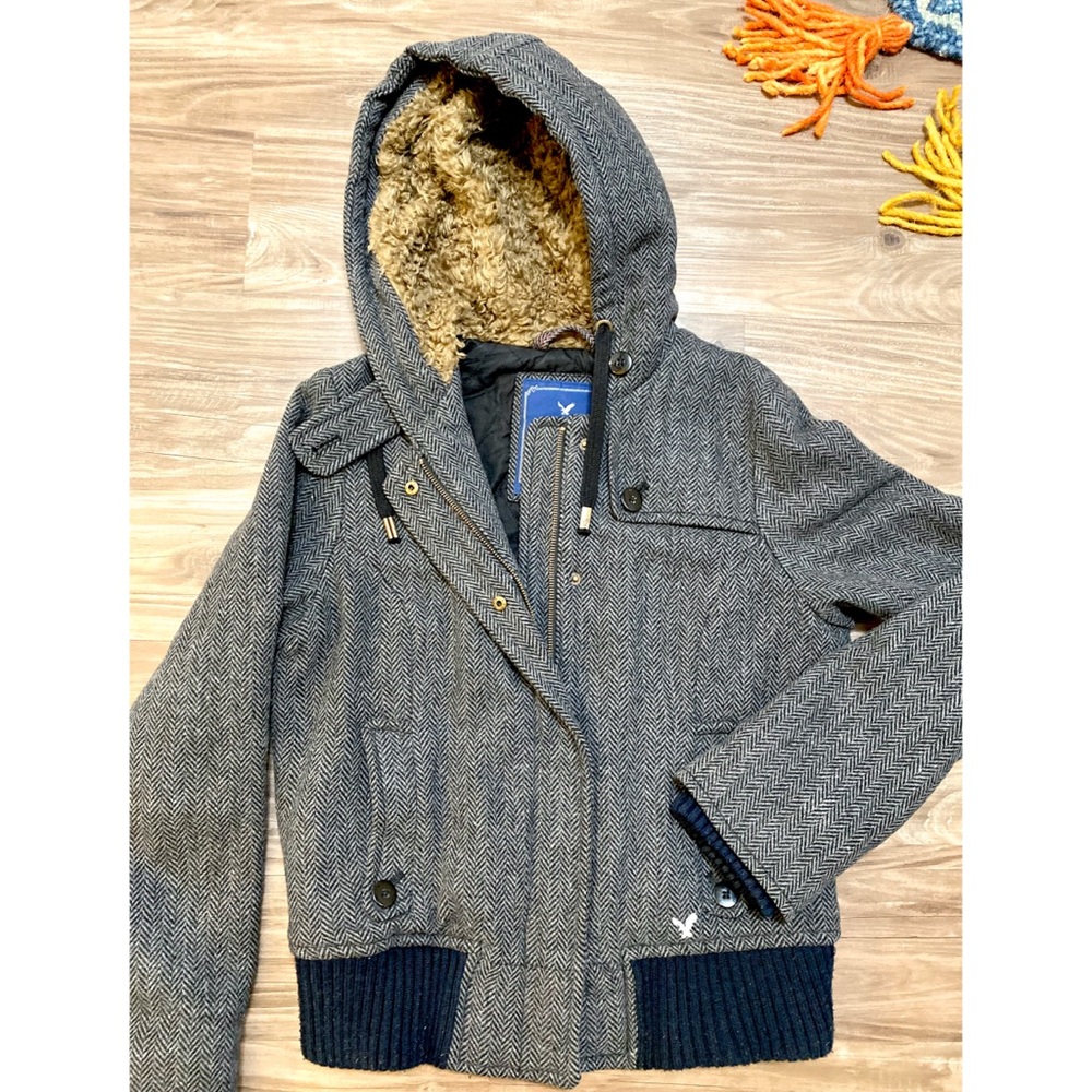 American Eagle Tweed Coat with Fur Hoodie